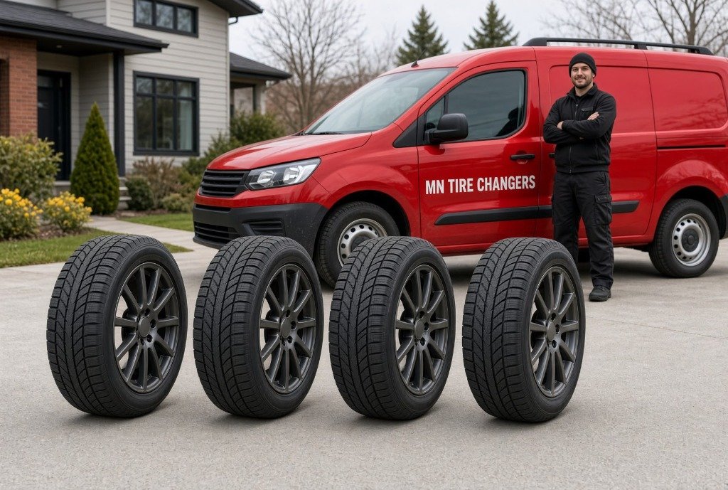 MN Tire Changers red service van with new tires and wheels lined up
